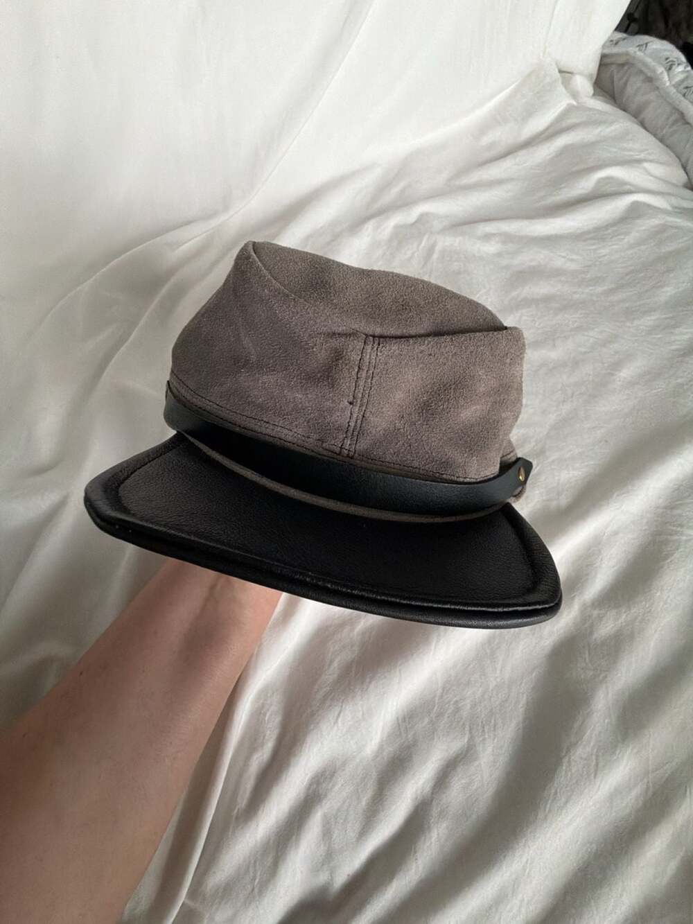 Vintage Grey Suede and Black Leather Military Cadet Cap Hat with Adjustable Stra